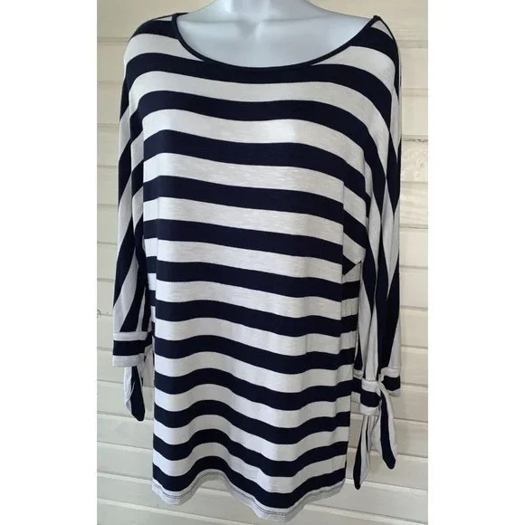 Soft Surroundings Sz XS Adrift Top Nautical Navy White Stripe Blouse Stretch EUC - Picture 2 of 8